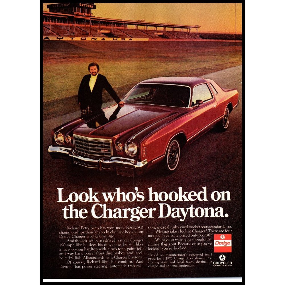 1976 Dodge Charger Daytona Vintage Print Ad Richard Petty NASCAR Track Wall Art